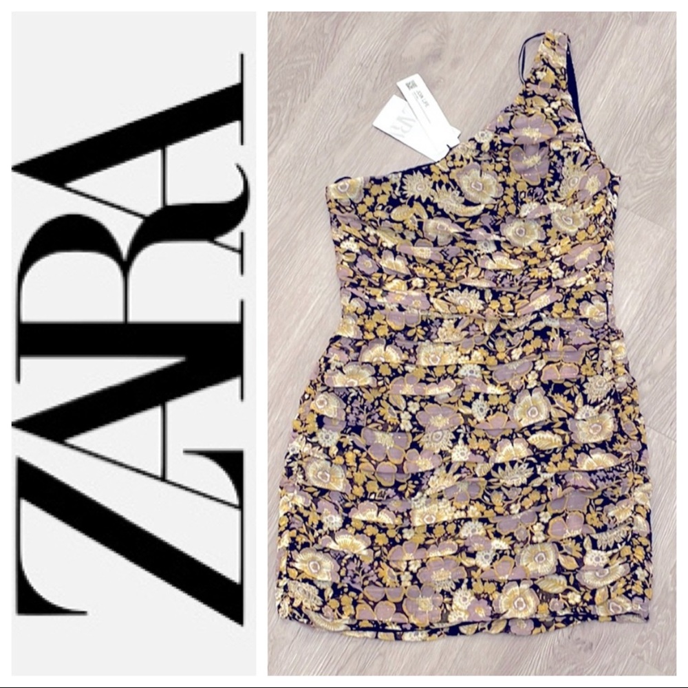 🆕 Zara ruched one shoulder floral mini dress Sz Small G9